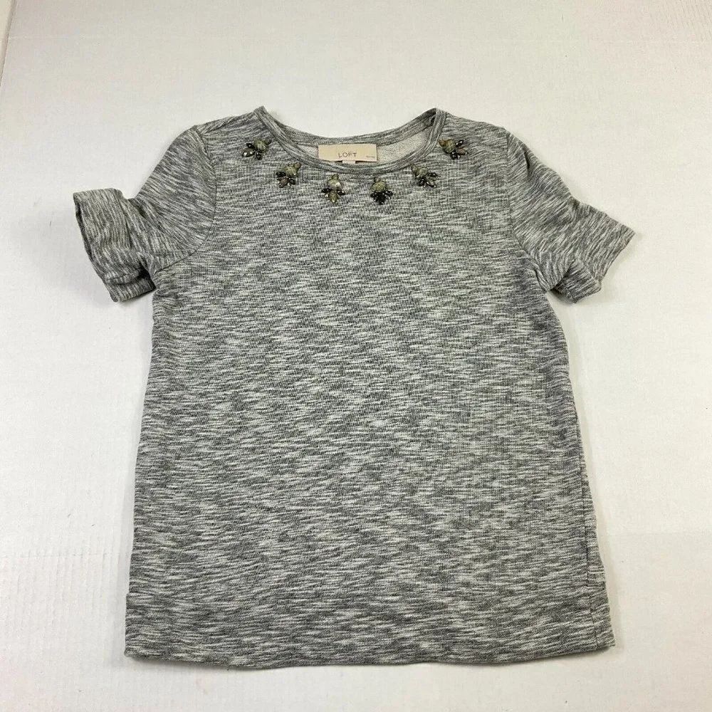 LOFT Womens Cotton Beaded Sweatshirt Gray Short Sleeve Pullover PS Petites